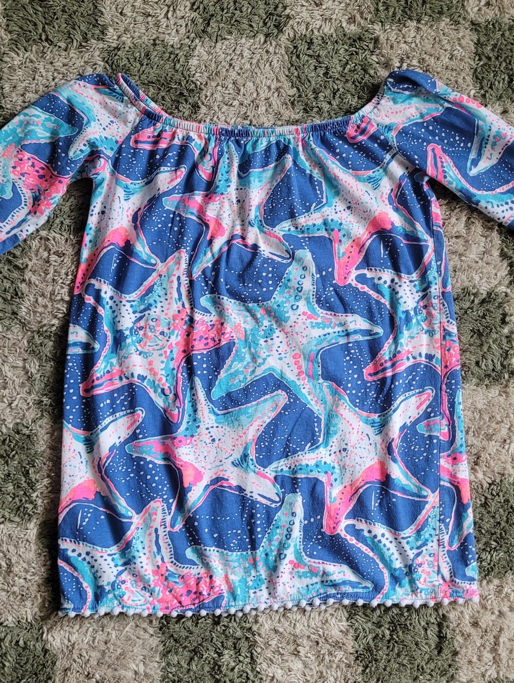 Off-Shoulder Starfish Print Dress in Blue and Pink